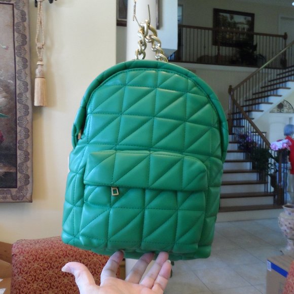 New Zara Emerald Green Faux Leather Quilted BackPack main image 11